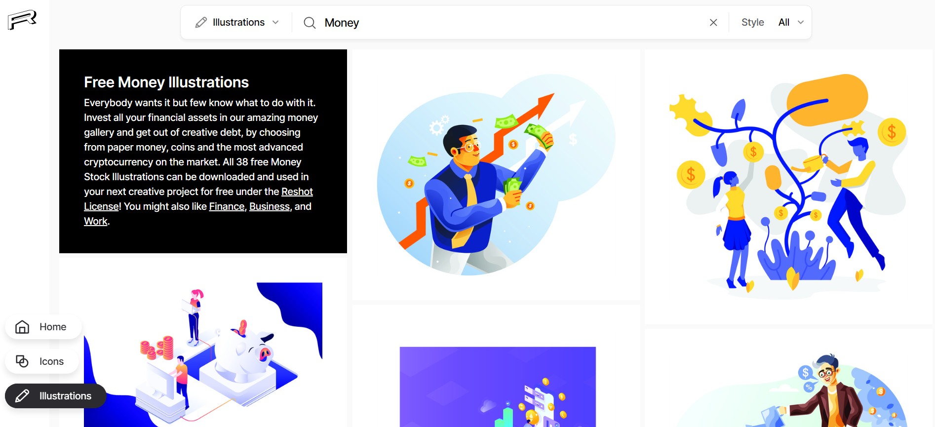 Reshot에서 'money' 검색 한 화면