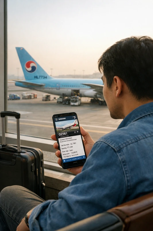공항 터미널 창가에 앉은 30대 한국인 남성이 스마트폰으로 플라이트레이더24 정보를 확인하며, 창밖에 주기된 대한항공 보잉 777 항공기를 바라보는 모습