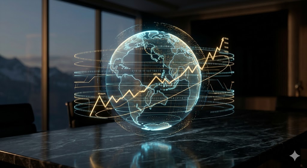 Futuristic 3D holographic globe with glowing financial data streams and golden growth charts representing global macro trends and AI-driven wealth management in 2026.