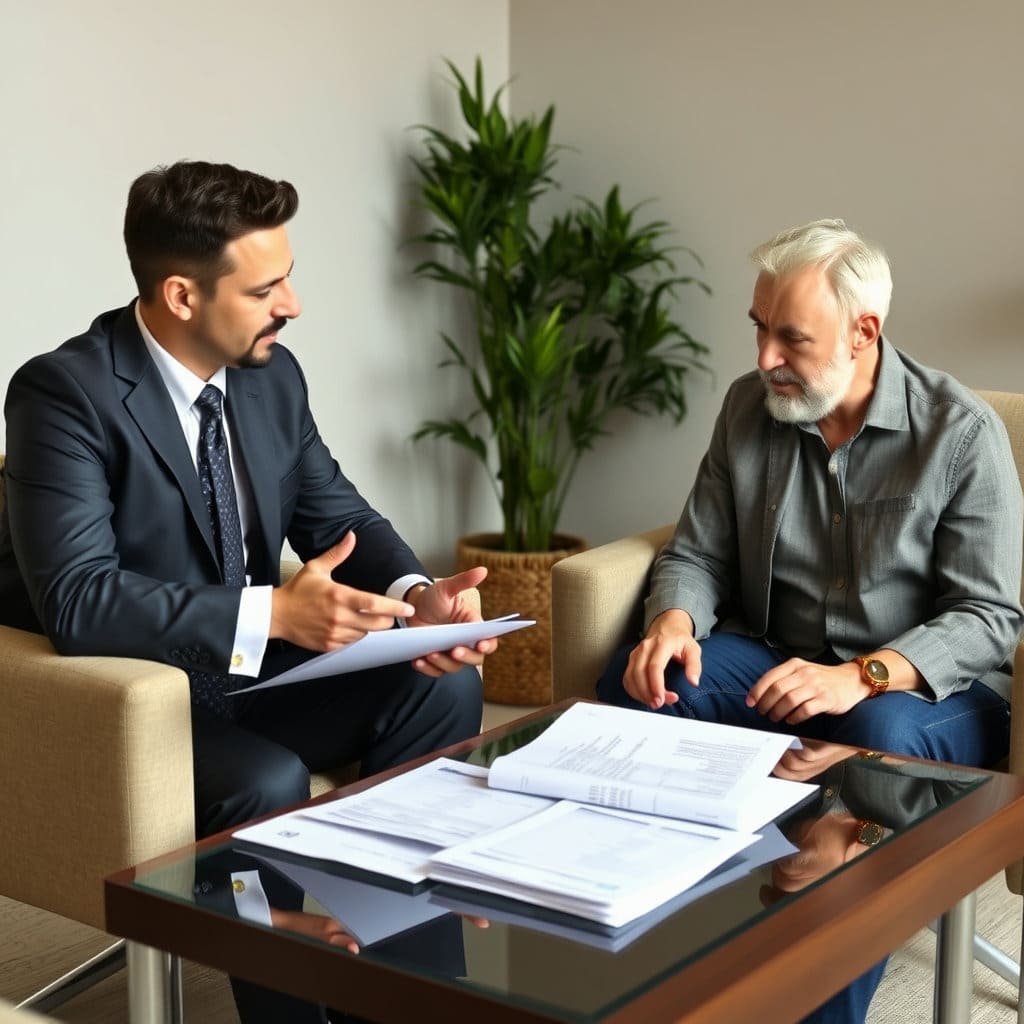 상담실에서 전문가(정장 차림)와 소상공인(편안한 차림)이 마주 앉아 서류를 보며 진지하게 대화하는 모습. 신뢰감과 해결 가능성을 표현합니다.