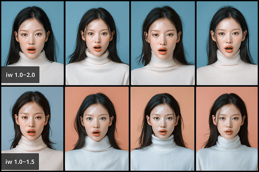 Midjourney 이미지 레퍼런스 실험, iw 1.0 - 2.0 강도로 표정과 함께 배경 및 헤어 스타일까지 강하게 반영된 이미지_Midjourney