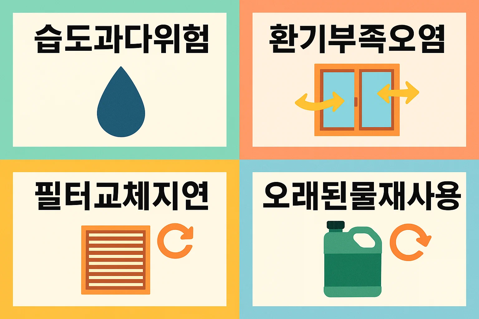 습도 과다 위험, 환기 부족 오염, 필터 교체 지연, 오래된 물 재사용 등 가습기 사용 시 자주 발생하는 실수와 예방 팁을 정리한 인포그래픽입니다.