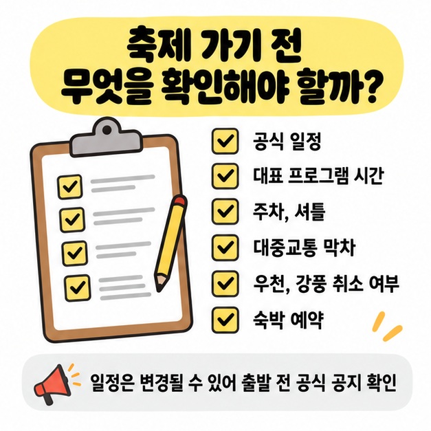 공식 일정, 교통, 주차, 날씨를 출발 전 확인하는 체크리스트 그림