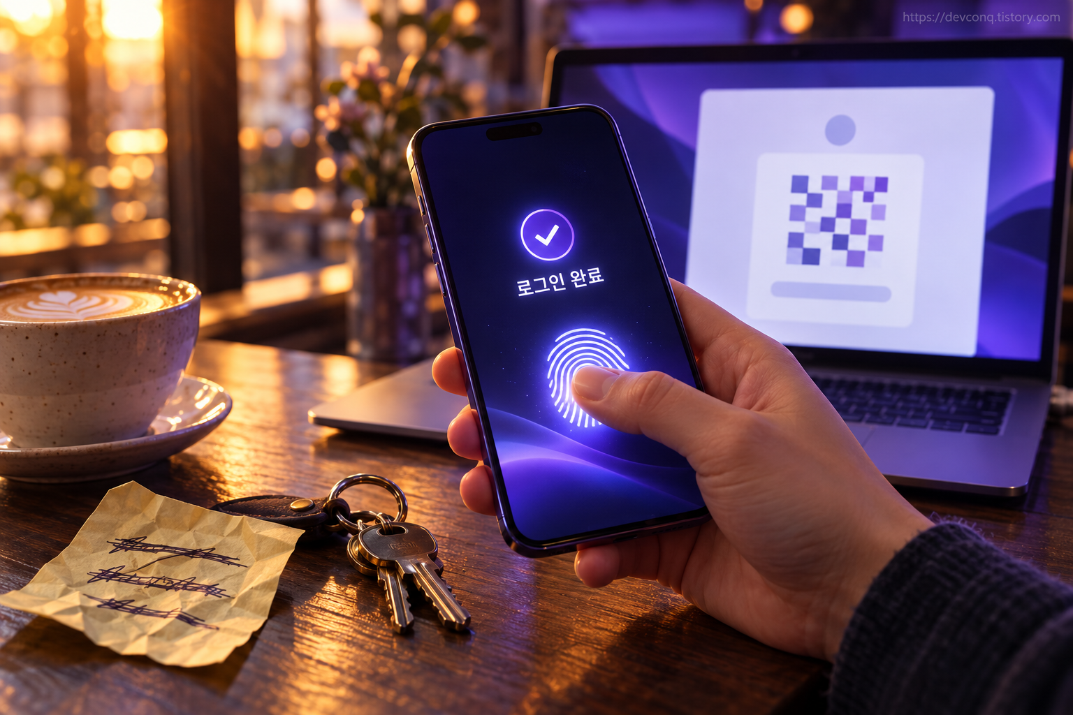 카페 테이블에서 휴대폰 지문 인식으로 로그인 완료가 뜨고 뒤쪽 노트북에 QR 로그인 화면이 보이는 장면