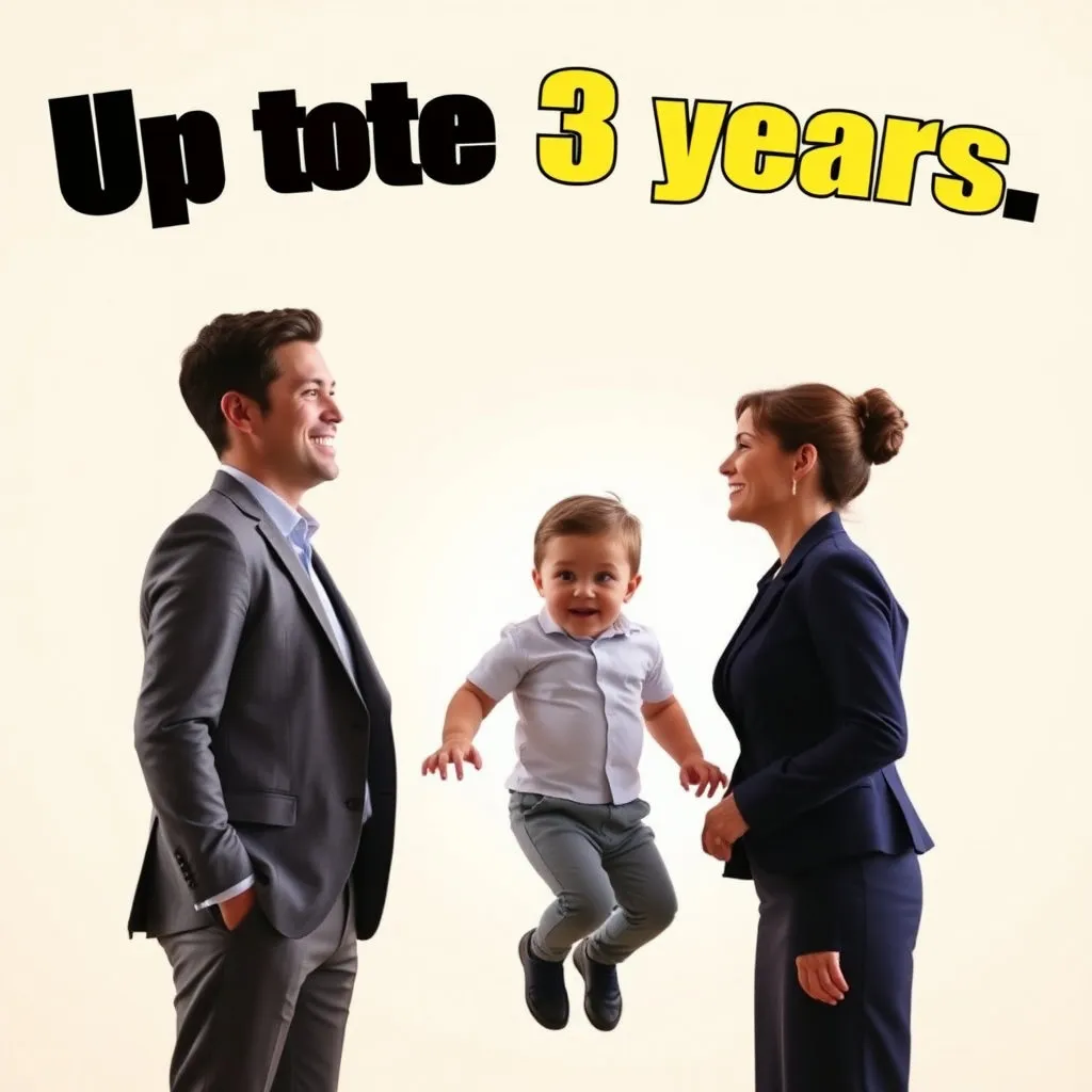 남편과 아내가 한 아이를 가운데 두고 마주 보며 웃고 있는 모습입니다. 각각의 부모는 명확히 구분되는 직업 복장(예: 정장, 유니폼)을 하고 있고, 세 명의 실루엣 위에 '최대 3년'과 같은 숫자를 넣어 특별 혜택을 암시합니다.