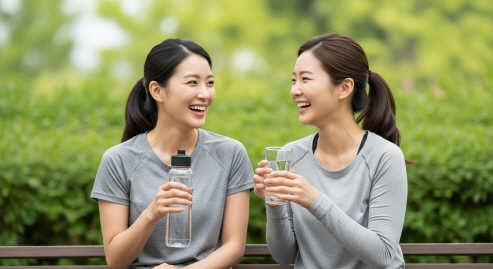 여성 둘이 함께 물을 마시며 웃는 장면