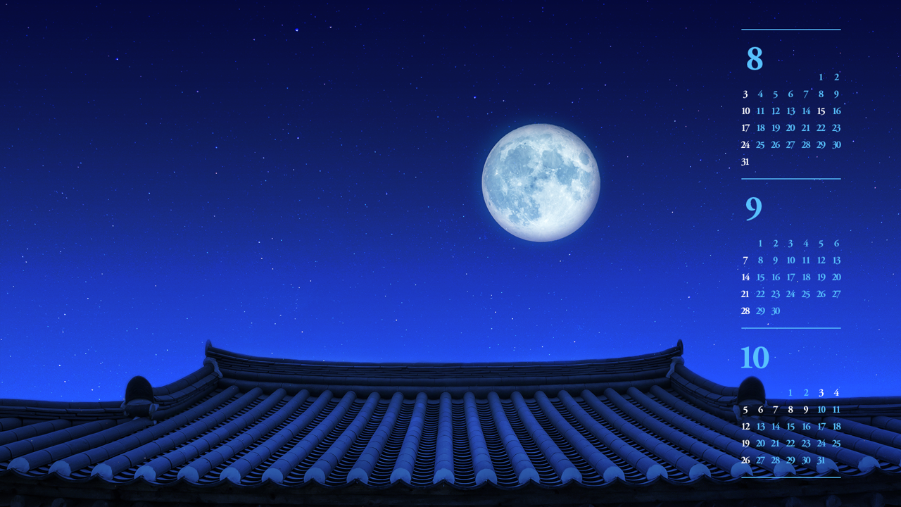 12 한옥지붕 보름달 B - 2025년9월 노트북배경화면