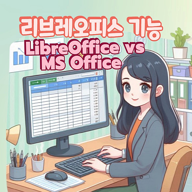 LibreOffice Calc 기능을 사용하는 캐릭터 일러스트 – MS 오피스와의 비교 주제를 시각적으로 표현한 대표 이미지