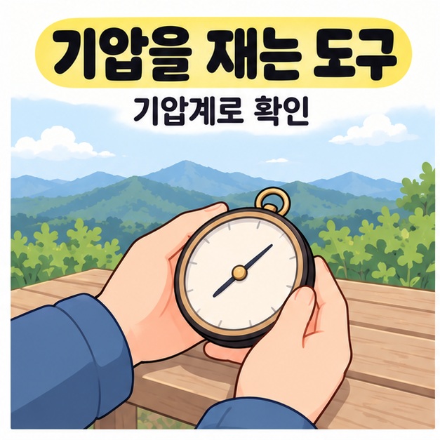 기압을 재는 도구와 기압계로 확인 문구 아래 산 능선을 배경으로 둥근 기압계를 들고 있는 두 손