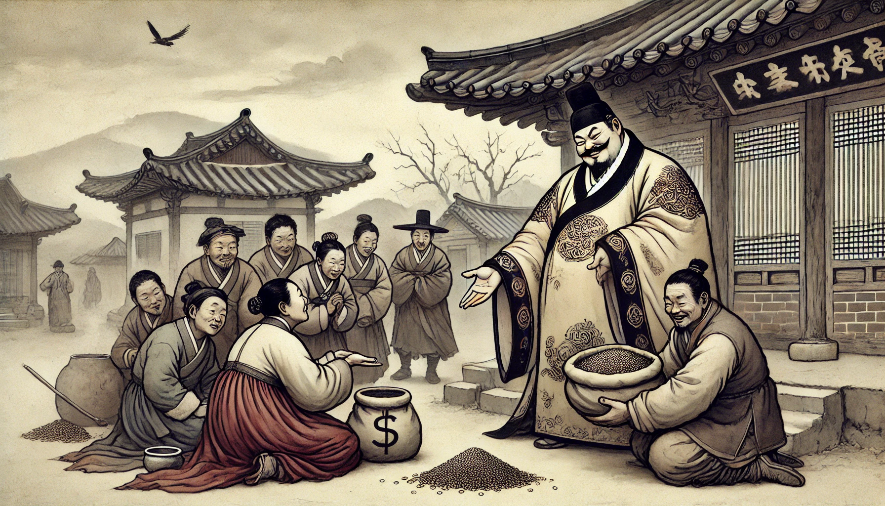 조선시대 탐관오리가 세금을 거두는 수묵화. 화려한 관복을 입은 관리와 초라한 한복 차림의 백성들, 그늘진 마을 풍경과 음울한 분위기.