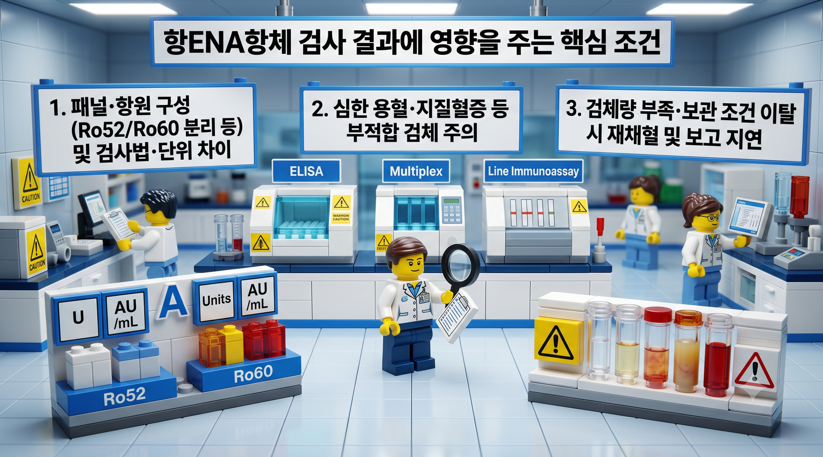 3D 레고 스타일 품질 관리(QA) 연구실, '항ENA항체 검사 결과에 영향을 주는 핵심 조건' 메인 패널과 다양한 검사 기기 및 시약병
