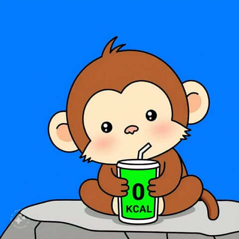 A monkey drinking a zero-calorie beverage with a curious expression. The scene shows the monkey tasting a zero-sugar drink.