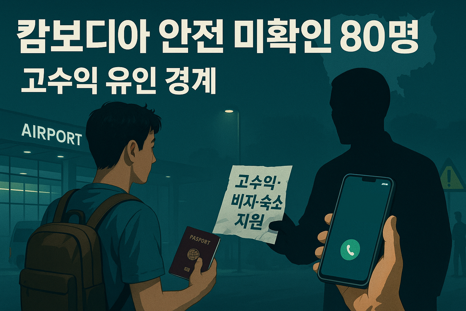 야간 공항, 한국인 여행자가 의심 전단을 받으며 휴대폰의 영사콜센터 콜 버튼을 확인하는 장면