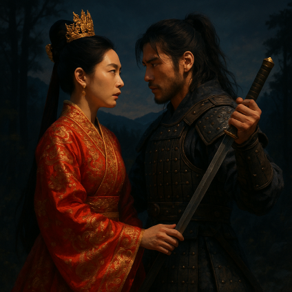 달이 뜨는 강 주인공인 평강 공주와 온달 장군이 결의에 찬 표정으로 서로를 바라보는 모습