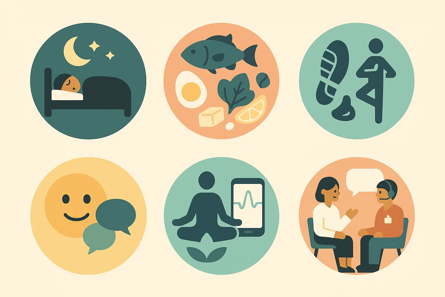 규칙적 수면, 영양 균형, 가벼운 운동, 감정 표현, 명상·앱 활용, 전문 상담