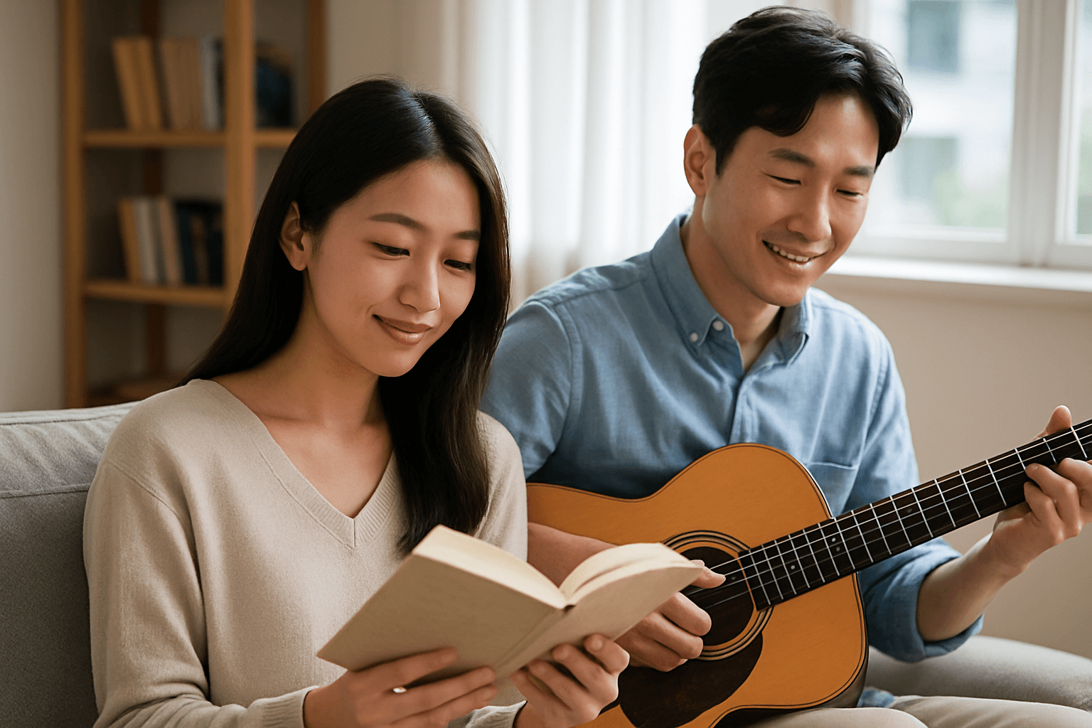책을 읽는 여성과 기타를 연주하는 남성이 함께 시간을 보내고 있는 따뜻한 거실 풍경