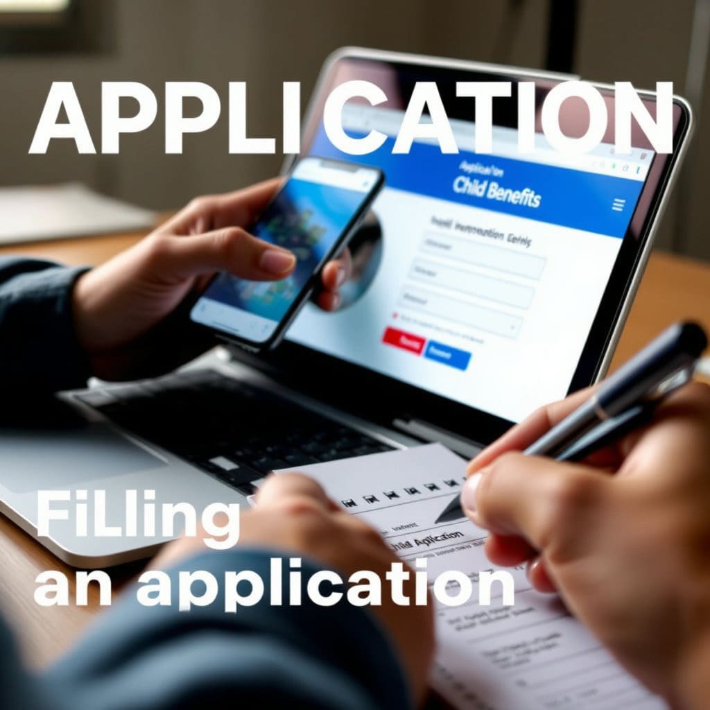 노트북이나 스마트폰 화면에 자녀장려금 온라인 신청 페이지가 열려 있고, 누군가의 손이 키보드나 터치스크린을 조작하고 있는 모습입니다. 또는 실제 서류 양식에 펜으로 기입하는 손의 모습을 클로즈업하여 보여줄 수도 있습니다. 신청 과정의 시작을 나타내며, 진지하고 집중하는 분위기를 표현합니다. 깔끔하고 현대적인 디자인 또는 사실적인 사진 스타일입니다.