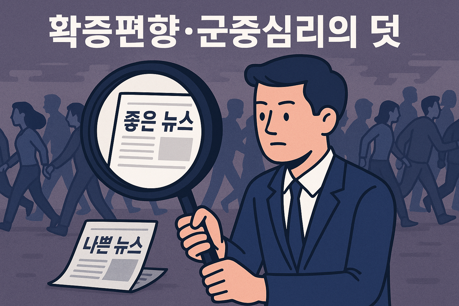 확증편향과 군중심리를 상징적으로 표현한 일러스트