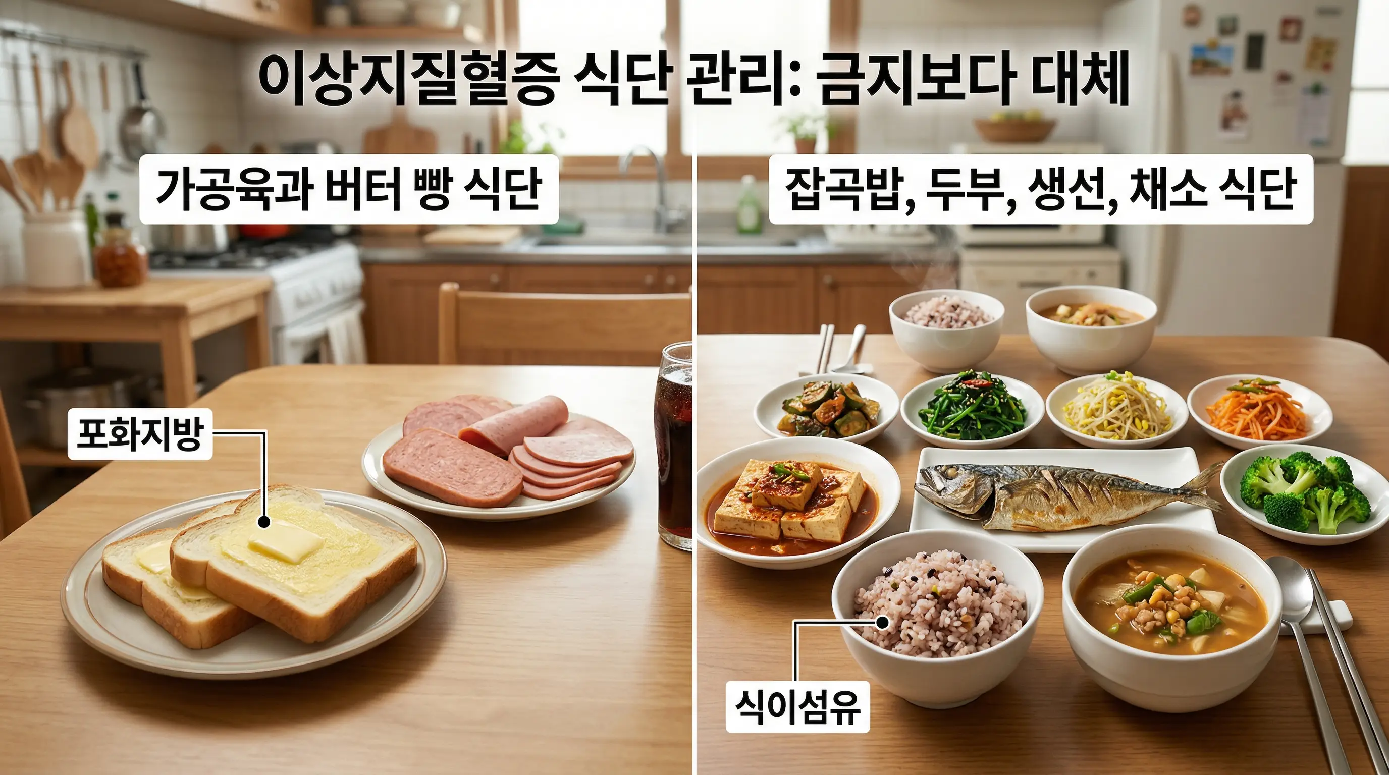 버터 빵과 가공육 식탁이 잡곡밥과 두부, 생선, 채소 식탁으로 바뀐 비교 장면