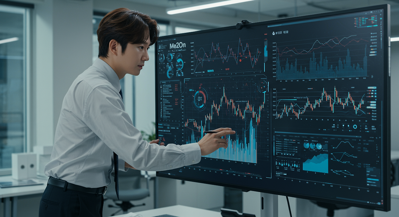 현대적인 사무실에서 미래형 기술 인터페이스를 보며 미투온 주가를 분석하는 비즈니스 애널리스트
