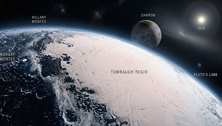 왜소행성 명왕성 표면 &mdash; 하트 모양 톰보 지역과 질소 얼음 평원이 보이는 뉴호라이즌스 촬영 실제 사진 스타일