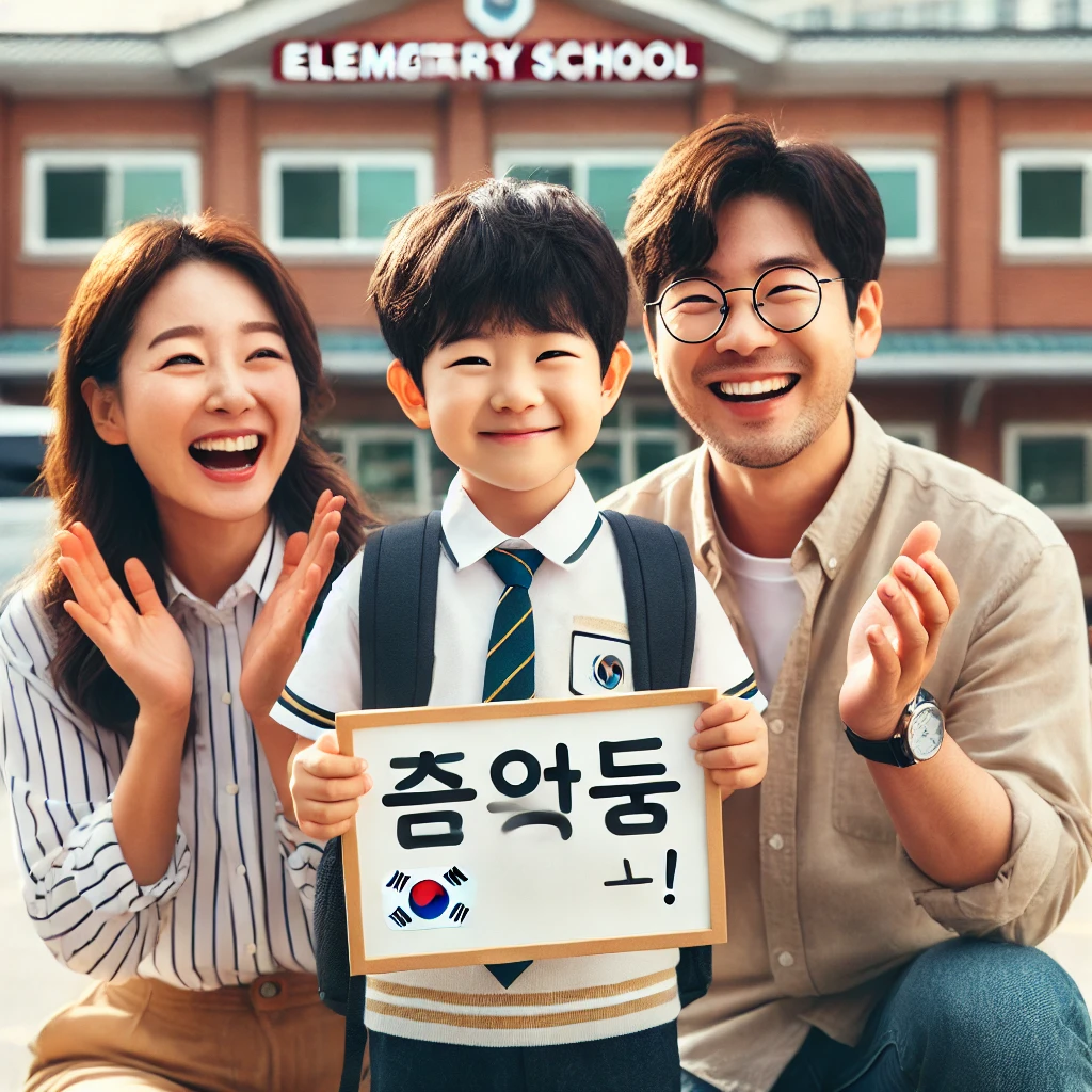 행복한 한국인 가족이 자녀의 초등학교 입학을 축하하는 모습. 아이는 새 교복을 입고 가방을 멘 채 &quot;입학 축하해요!&quot;라고 적힌 팻말을 들고 환하게 웃고 있다. 부모님은 아이 옆에서 박수를 치며 기념사진을 찍고 있으며, 배경에는 초등학교 건물이 보인다. 따뜻하고 기쁜 분위기가 느껴지는 장면.