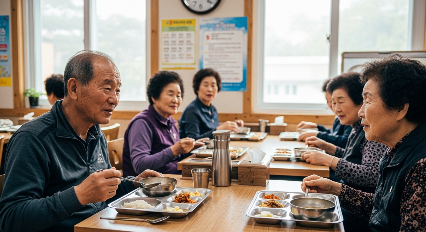 동네 복지관 식당에서 다른 어르신들과 함께 점심을 먹으며 대화하는 70대 남성
