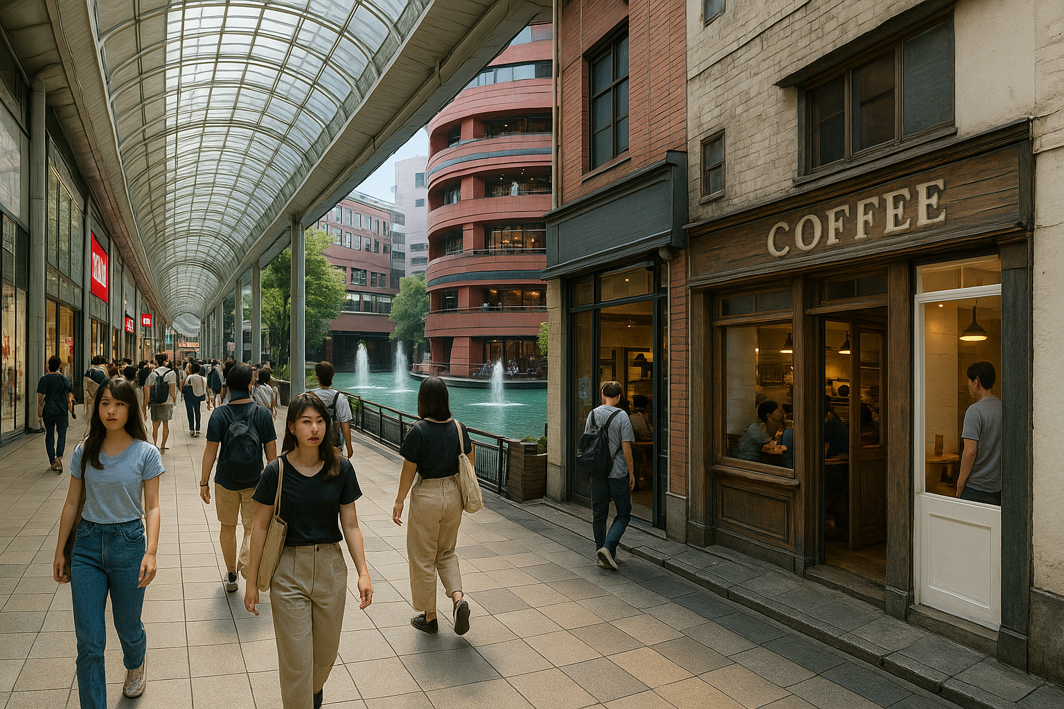 투명 유리 아케이드 상가와 운하, 그리고 카페 골목이 어우러진 후쿠오카 나카스·텐진의 활기찬 거리 풍경