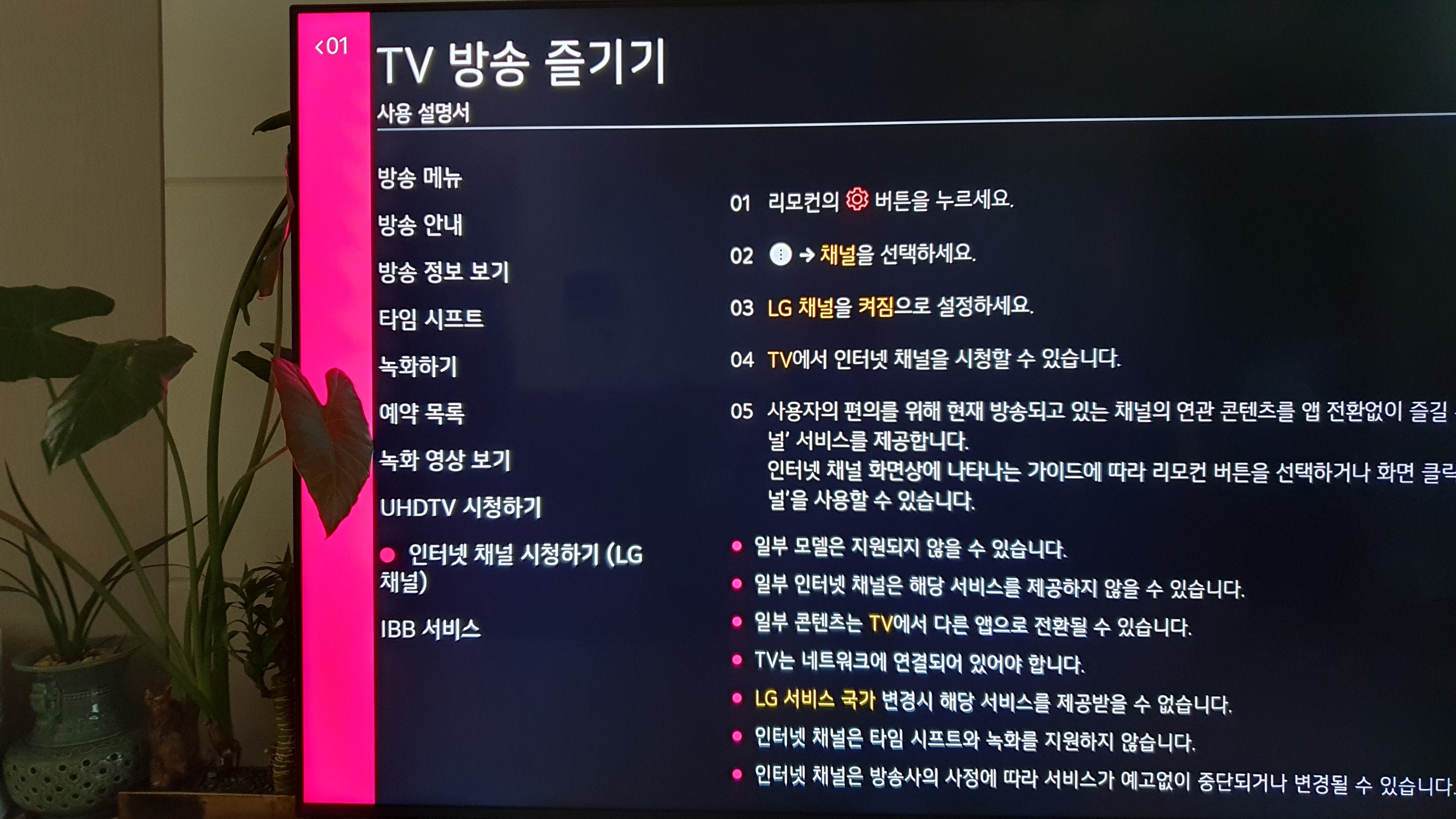 tv 사용 설명서 화면