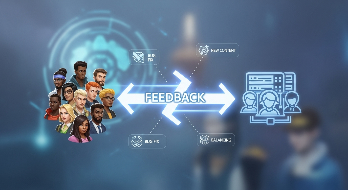 아키텍트 개발팀의 빠른 피드백 반영과 업데이트 주기를 시각화한 이미지. 유저 의견이 신속하게 게임 개선으로 이어지는 과정을 보여줍니다.