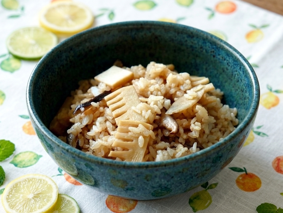 상큼한 노란색과 연두색 레몬/라임 패턴의 린넨 식탁보 위, 깊은 카키색 도자기 볼에 소복이 담긴 제철 죽순 영양밥 사진. 밥 위에는 빗살무늬를 살려 썬 죽순이 수북이 올라가 있으며, 볼 주변에는 실제 레몬 슬라이스, 라임 슬라이스, 싱싱한 민트 잎이 자연스럽게 연출된 정갈하고 감성적인 플레이팅 컷.