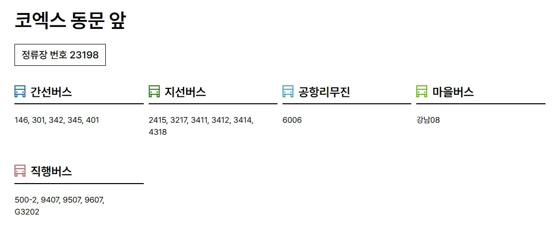 서울국제도서전 코엑스 동문 앞 정류장 버스 및 공항리무진 노선 안내