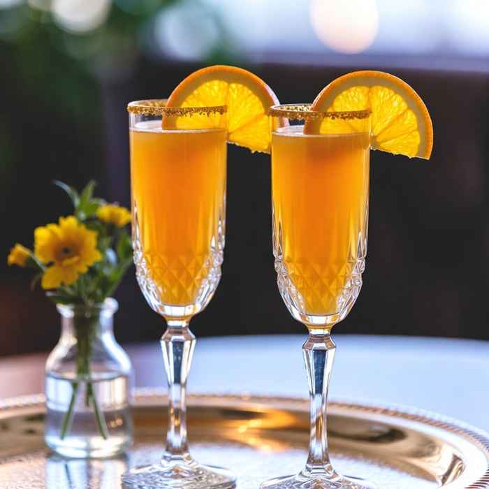 오렌지 휠로 장식된 화사한 황금빛 미모사 칵테일 완성 사진