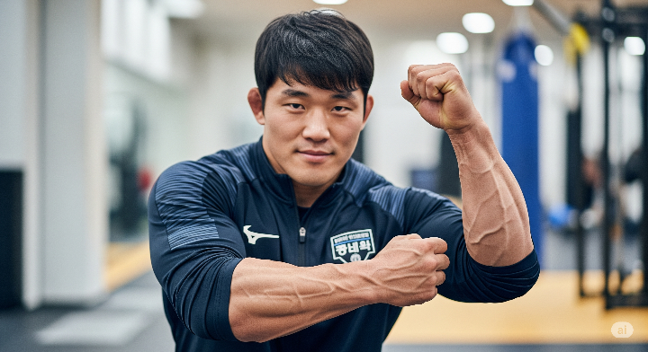 운동복을 입고 힘줄이 돋보이는 팔뚝을 자랑하는 강인한 레슬링 선수
