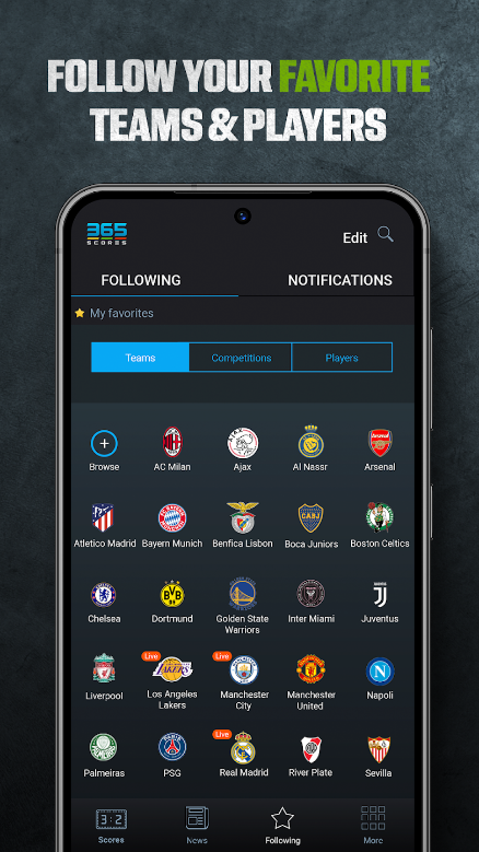 365Scores, Live Scores, 라이브 축구 결과, UEFA 챔피언스 리그, 영국 프리미어 리그, 스페인 라리가, 독일 분데스리가, 이탈리아 세리에 A, AFC 챔피언스 리그