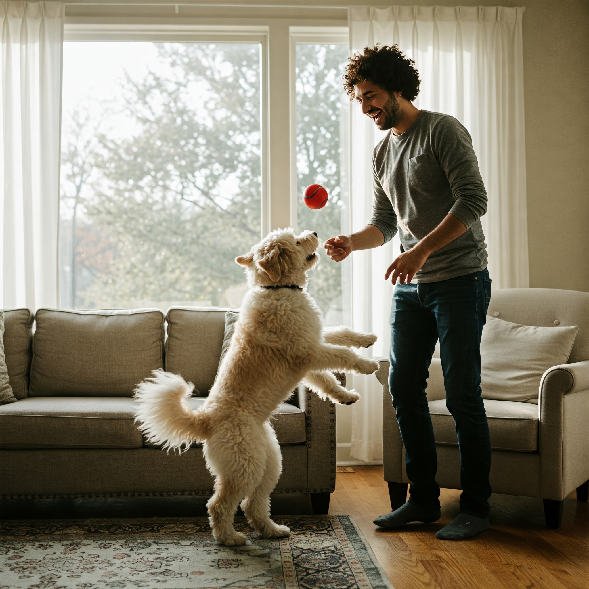 강아지와 주인이 공놀이 중인 사진