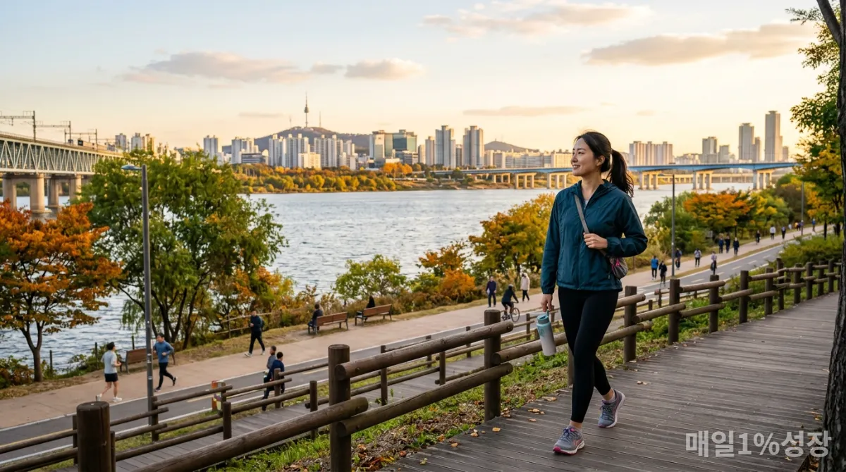 한강변을 걷거나 카페에서 휴식하며 스트레스를 관리하는 한국인
