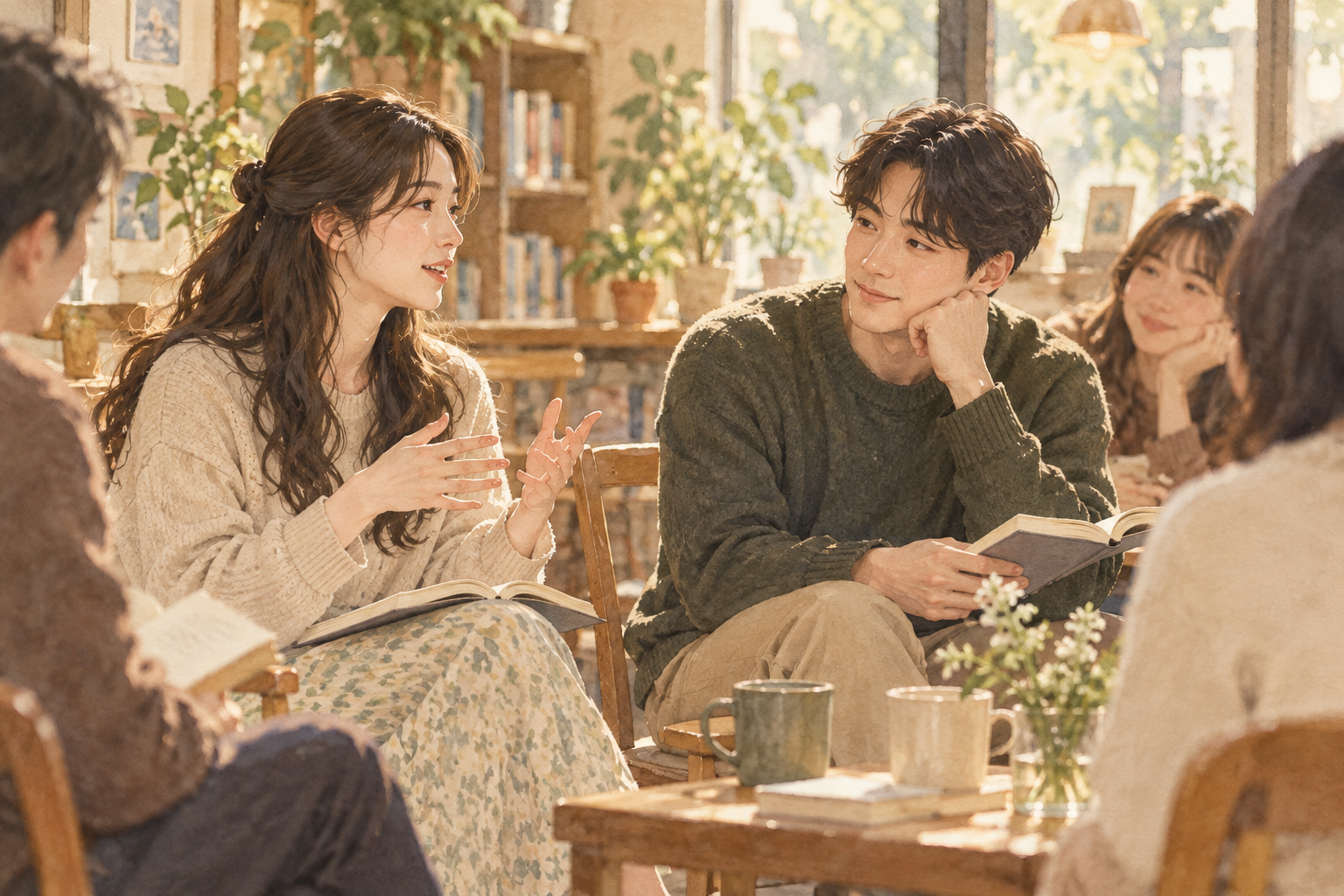 독서 모임에서 수아의 이야기를 차분히 듣는 민재의 수채화 삽화