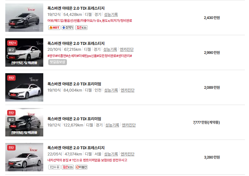 폭스바겐 아테온 중고차 가격 시세표 연비