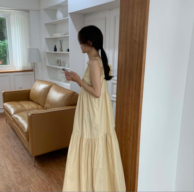 세라 브이넥 리본매듭 하트넥 여름 민소매 썸머 셔링 파스텔 러블리 나시 뷔스티에 롱원피스(3color)휴양지 바캉스룩 어깨리본 캉캉 루즈핏 a라인 맥시 원피스