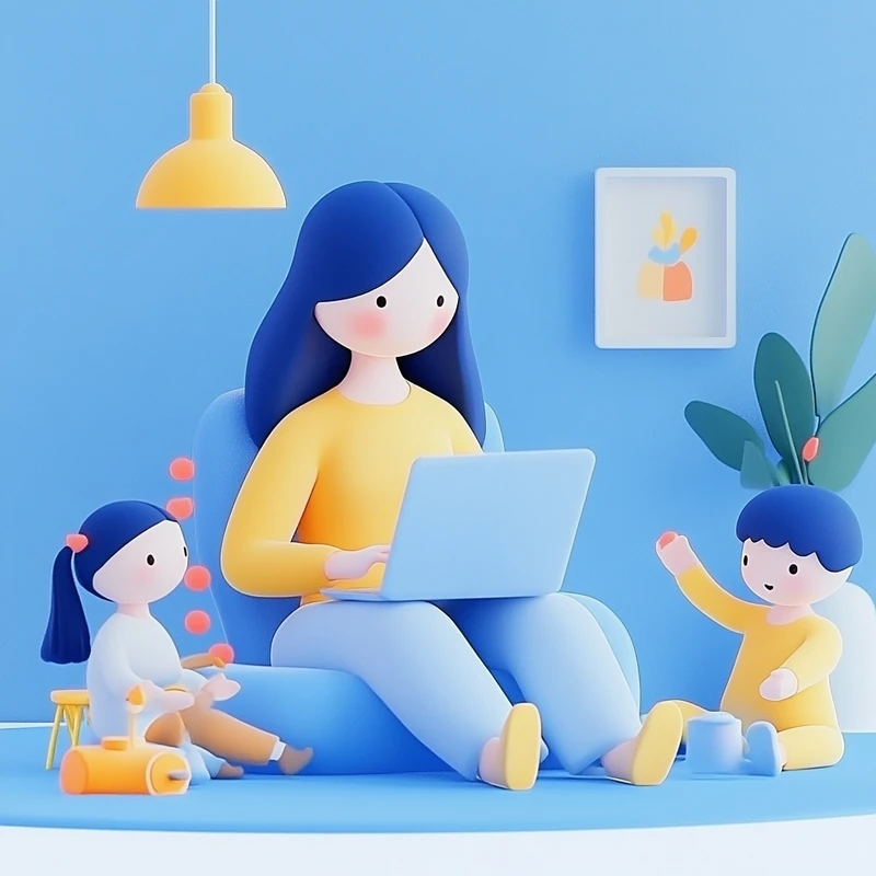 워킹맘이 저녁 집안에서 연금 ETF 포트폴리오 수익률을 노트북으로 확인하는 모습, 기술주 반등과 분산 투자, 미래준비, 가족과 직장인 투자라는 키워드를 반영해 따뜻하고 희망적인 분위기 강조