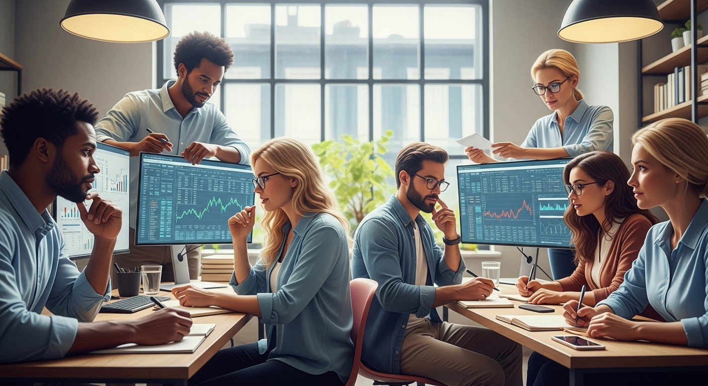 개인 투자자들이 노트북과 스마트폰으로 금융 정보를 분석하며 현명한 투자 전략을 세우는 모습. 신중한 투자를 강조합니다.