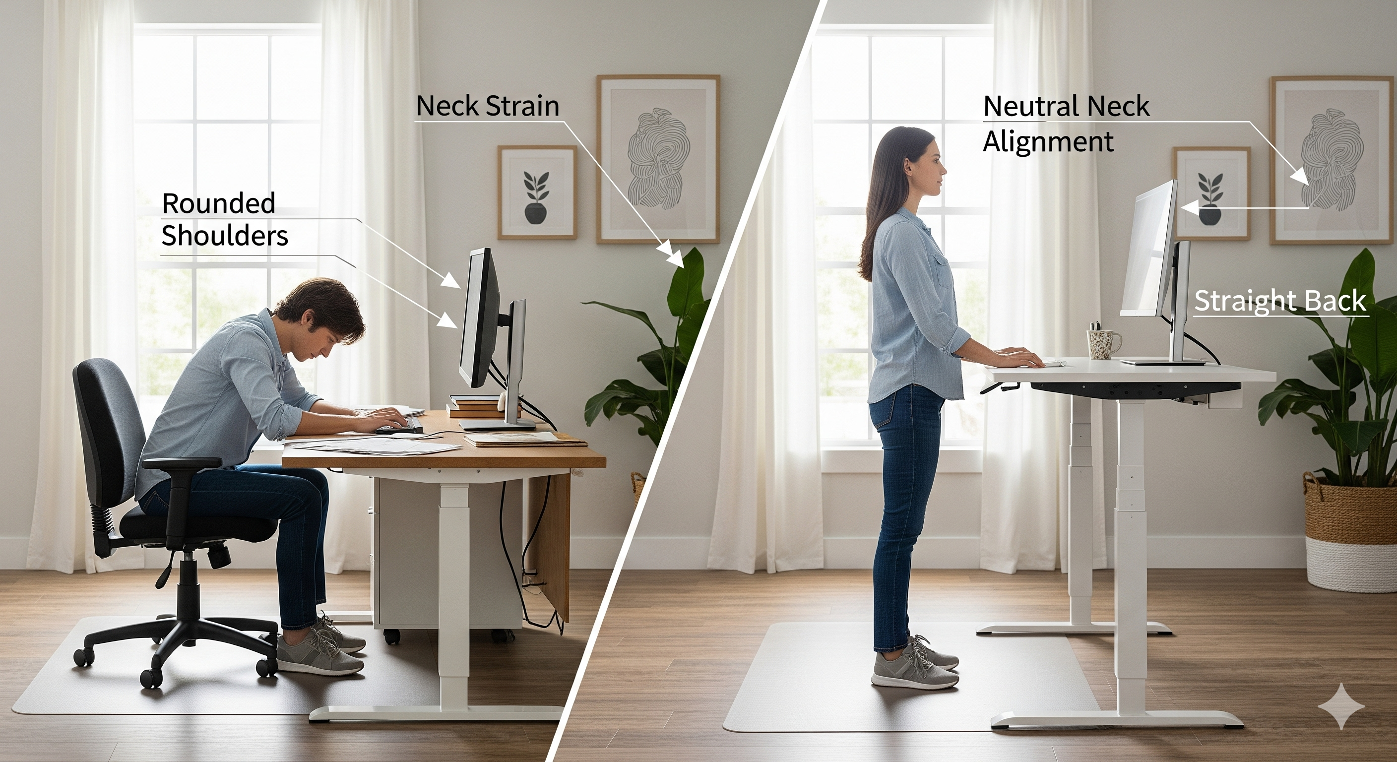 모션데스크 사용 전후 거북목 예방 및 바른 자세 비교