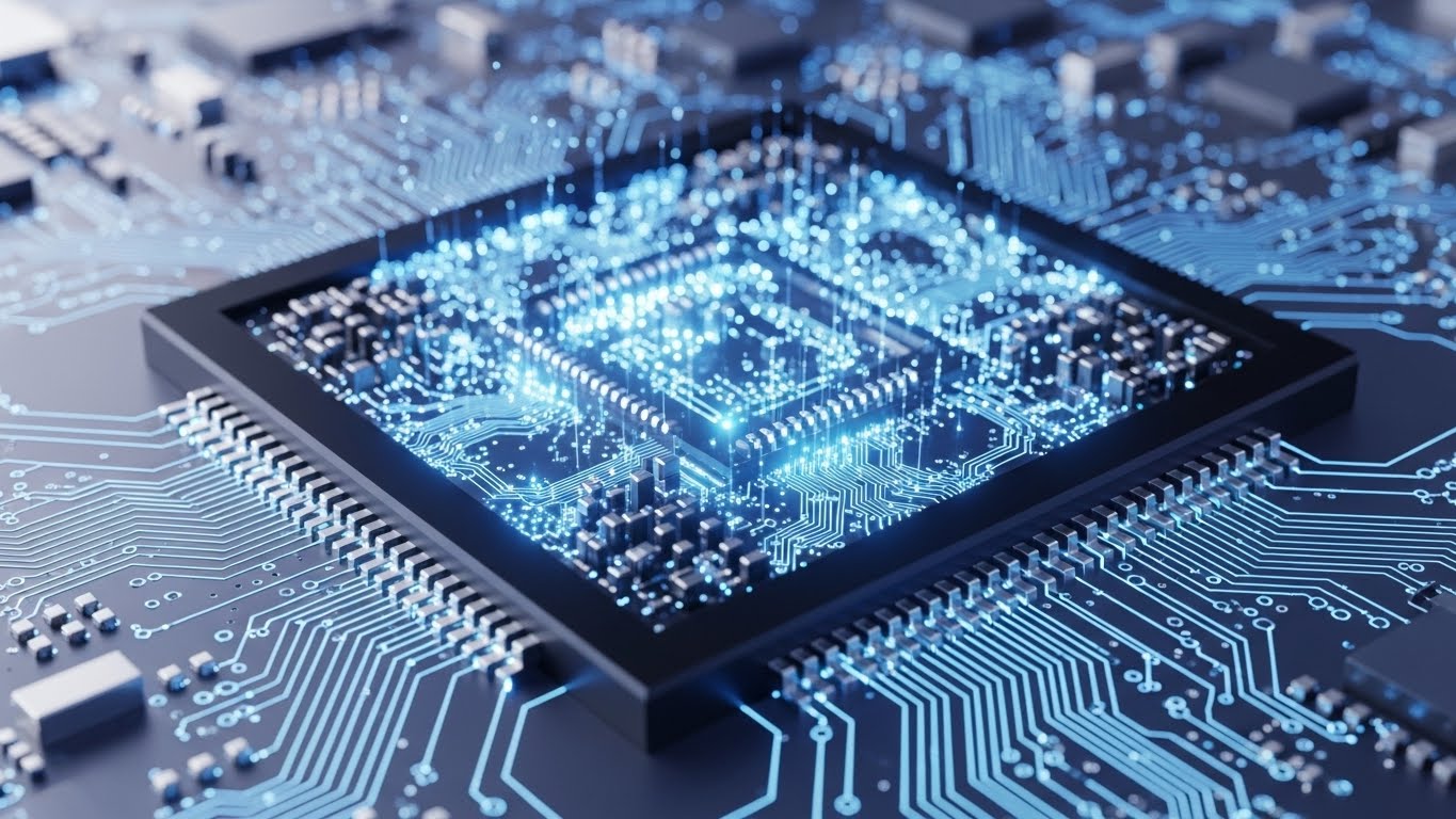 푸른 빛이 감도는 최첨단 AI반도체 칩의 확대 이미지, 회로도가 정밀하게 보임