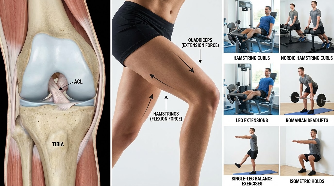 대퇴사두근과 햄스트링의 길항 작용을 시각화하고, 무릎 관절 내부의 전방 십자 인대 부하를 줄이는 근력 균형 루틴 요약 이미지