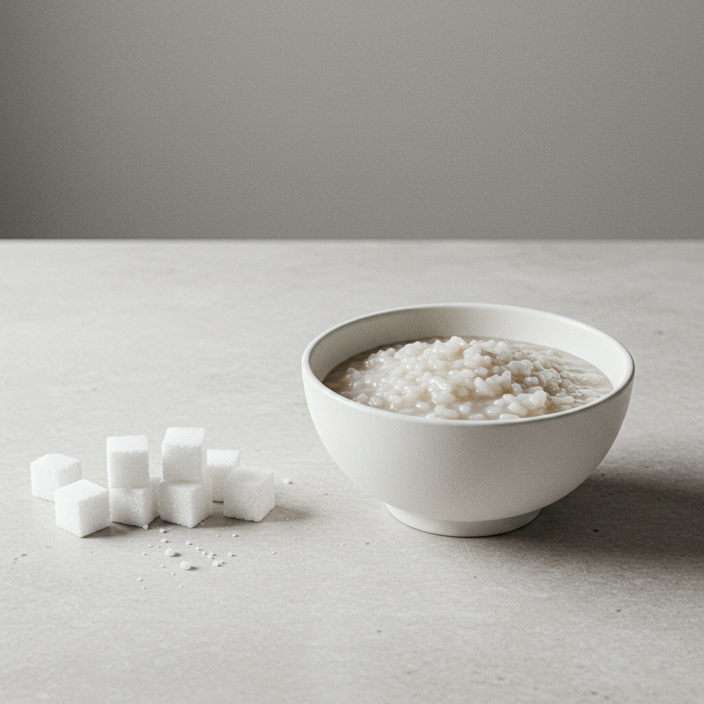 흰 죽 한 그릇 옆에 각설탕 여러 개가 나란히 놓여 있는 모습. 죽이 혈당을 빠르게 올리는 것을 시각적으로 표현.