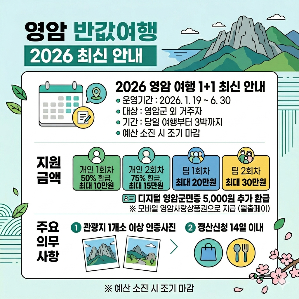 영암 반값여행 신청방법, 2026 영암 여행 1+1 환급 조건 인포그래픽