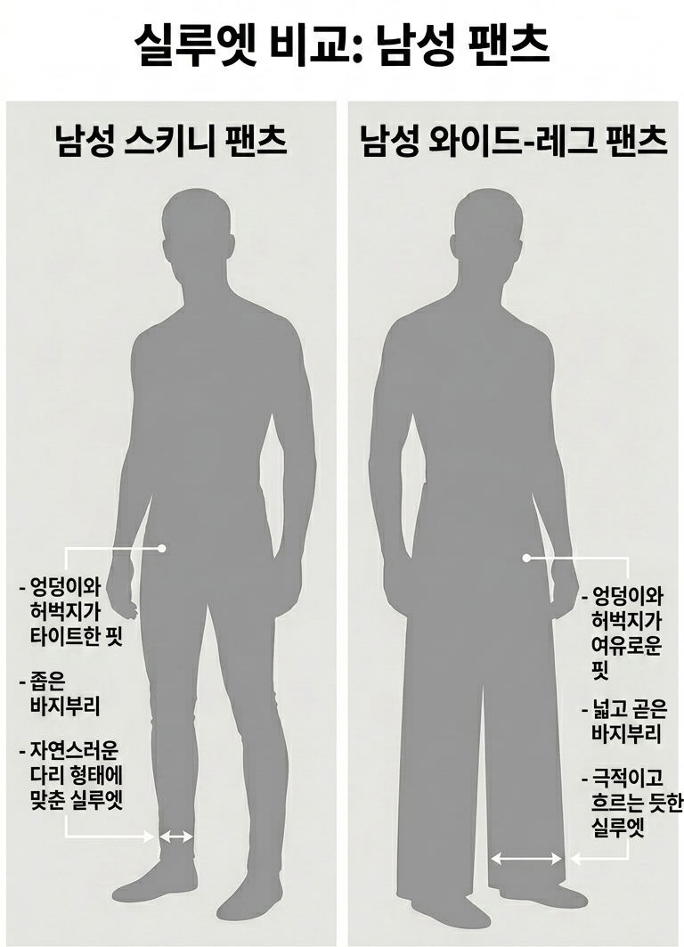 스키니 팬츠와 와이드 팬츠의 실루엣 비교를 보여주는 시각 자료