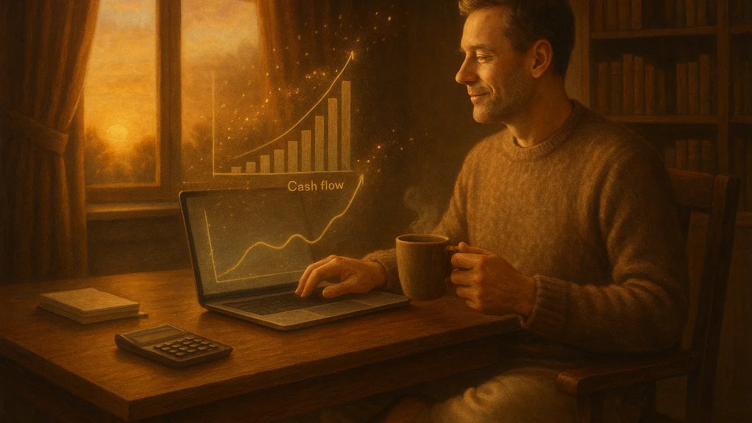 FIRE족이 노트북으로 투자포트폴리오를 관리하며 배당금과 현금흐름을 확인하는 모습을 표현한 이미지