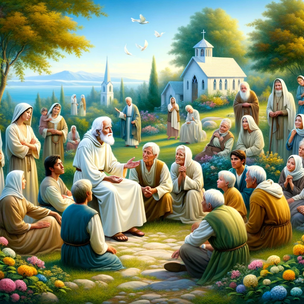 Here is the image depicting the life of a saint, designed to inspire and encourage others. The scene includes a serene landscape where a saint is interacting with a diverse group of people in a peaceful garden setting.